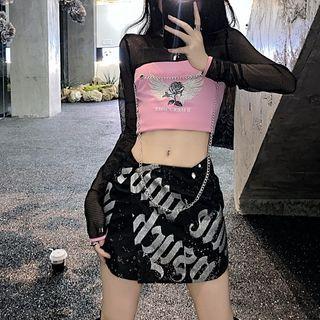 Mock Two-piece Long-sleeve Wings Print Crop Top / Lettering Pencil Skirt