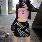 Mock Two-piece Long-sleeve Wings Print Crop Top / Lettering Pencil Skirt