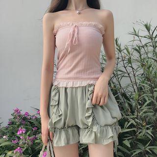 Open-front Light Jacket / Strapless Knit Top / High-waist Ruffle Trim Shorts