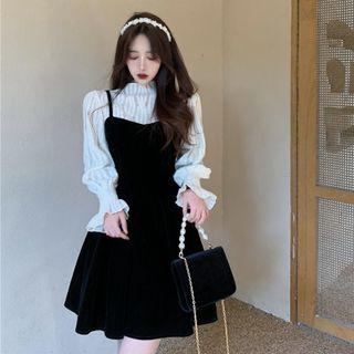 Bell-sleeve Blouse / Velvet Mini A-line Overall Dress / Set