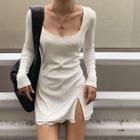 Long-sleeve Lace Trim Sheath Dress / Spaghetti Strap Mini Dress