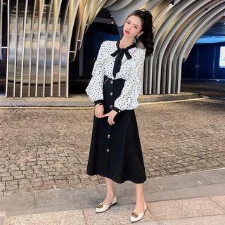 Tie Neck Blouse / Midi A-line Skirt / Set