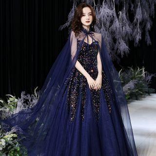 Set: Spaghetti Strap Sequined A-line Evening Gown