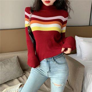 Mock-turtleneck Striped Cropped Knit Top