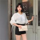 Tie-sleeve Faux-pearl Button Blouse