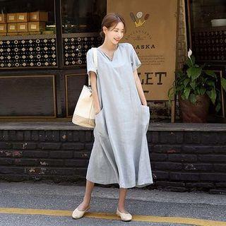 Short-sleeve Dual-pocket Linen Maxi Dress