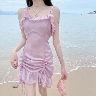 Spaghetti Strap Frill Trim Drawstring Mini A-line Dress