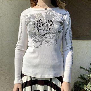 Heart Rhinestone Round Neck Skinny Top
