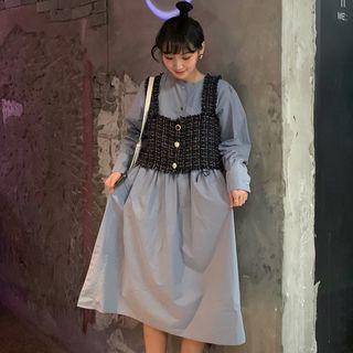 Plain Long-sleeve Midi Shirtdress / Tweed Square-neck Vest