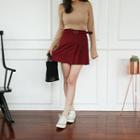 Pleated-mini Skirt With Belt