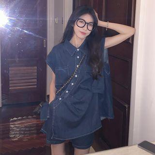 Cap-sleeve Asymmetrical Denim Shirt / Denim Shorts
