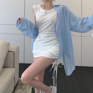 Long-sleeve Tie-back Shirt / Sleeveless Drawstring Mini Bodycon Dress