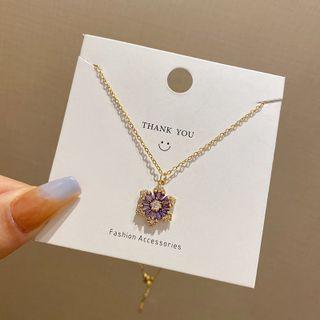 Flower Rhinestone Pendant Stainless Steel Necklace X394 - Gold & Purple - One Size