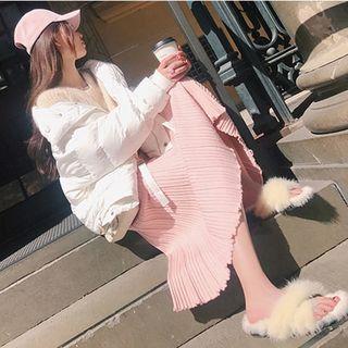 Set: V-neck Rib Knit Sweater + Plain Midi Knitted Skirt