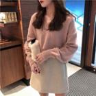 Plain V-neck Long-sleeve Loose-fit Sweater Pink - One Size