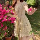 Square-neck Floral Drawstring Short-sleeve Dress