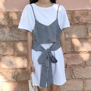 Set: Crew-neck Short-sleeve T-shirt Dress + Plaid Camisole Top