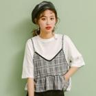 Mock Two-piece Plaid Panel Elbow-sleeve T-shirt