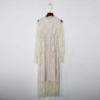 Lace Long-sleeve Midi Dress Beige - One Size