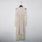 Lace Long-sleeve Midi Dress Beige - One Size
