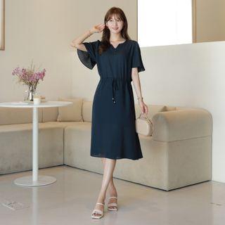 Notch-neck Drawstring Midi Dress