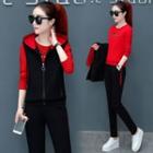 Set: Letter Embroidered Pullover + Hooded Zip Vest + Skinny Pants