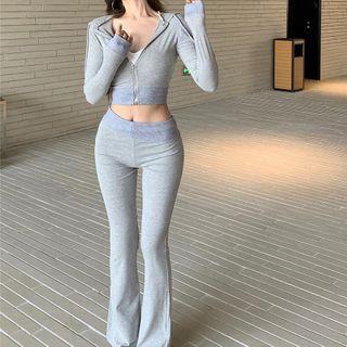 Long-sleeve Plain Hooded Jacket / High-waist Plain Bell-bottom Pants