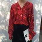 Long-sleeve Dotted Blouse Red - One Size