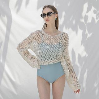 V-neck Perforated Knit Crop Top Light Beige - One Size