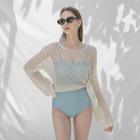 V-neck Perforated Knit Crop Top Light Beige - One Size
