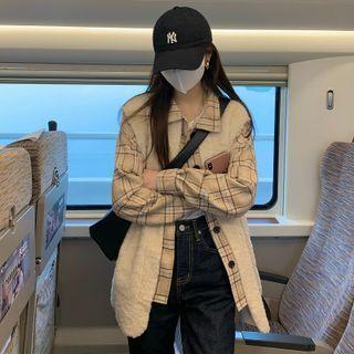 Fleece Panel Plaid Shirt Almond - One Size