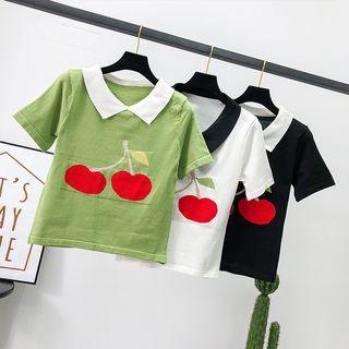 Cherry-print Colorblock Crop Knit Top