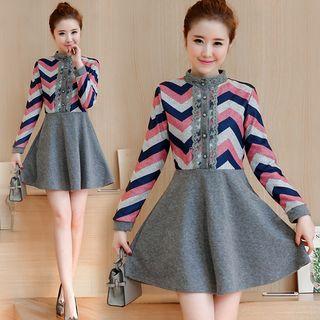 Chevron Long Sleeve A-line Mini Dress
