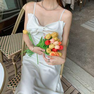 Spaghetti Strap Ribbon Satin Midi Dress