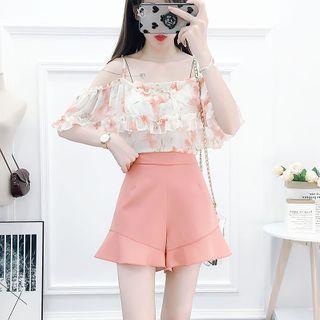 Set: Floral Short-sleeve Top + Ruffle Trim Shorts