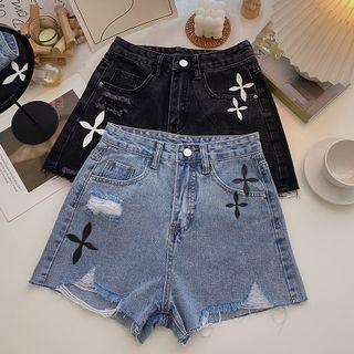 Applique Distressed Denim Hot Pants