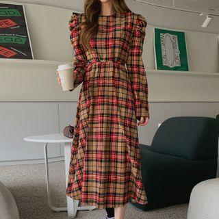 Puff-sleeve Plaid Long Dress With Cord