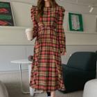 Puff-sleeve Plaid Long Dress With Cord