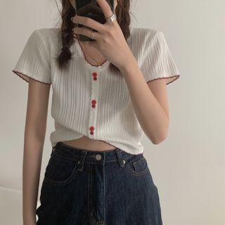 Buttoned Short-sleeve Crop Knit Top