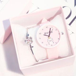 Set: Patterned Strap Watch + Floral Bangle