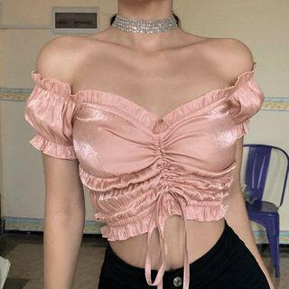 Shirred Off-shoulder Short-sleeve Cropped Top