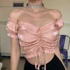 Shirred Off-shoulder Short-sleeve Cropped Top