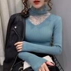 Mock Neck Lace Panel Long-sleeve Knit Top