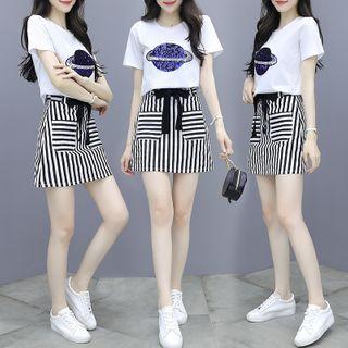 Set: Sequined Short-sleeve T-shirt + Bow-accent Striped Mini Skirt