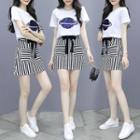 Set: Sequined Short-sleeve T-shirt + Bow-accent Striped Mini Skirt