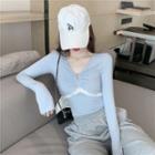 Long-sleeve Fluffy Trim T-shirt Grayish Blue - One Size