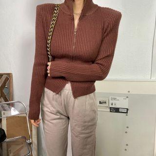 Stand-collar Plain Cropped Knit Zip Jacket