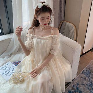 Off-shoulder Rhinestone Plain Dress / Short-sleeve Faux Pearl Panel Dress