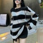Long-sleeve Striped Cut-out Knit Top As Figure - One Size