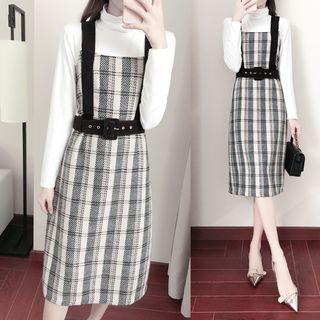 Set: Mock Neck Top + Woolen Plaid Jumper Dress